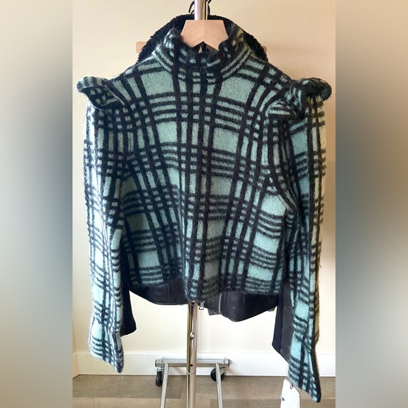 🔖 S ZARA Checked Wool Mohair Knit Sweater Green Aqua Ruffle Shoulder - Picture 11 of 16